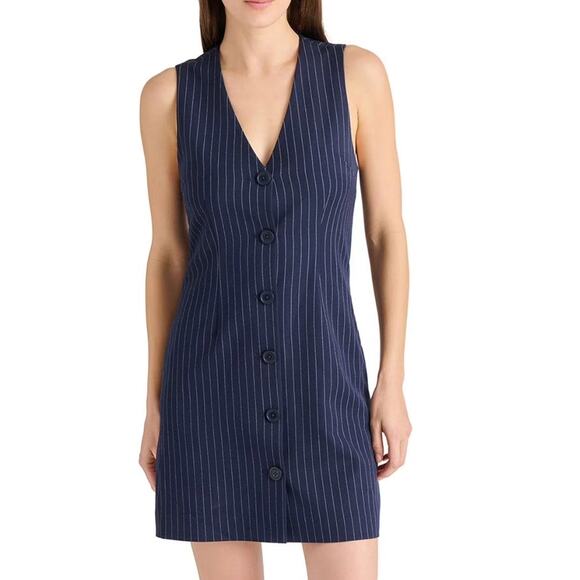 Steve Madden NWT Navy Pinstripe Button Front Sleeveless Blazer Dress XL - Picture 1 of 14